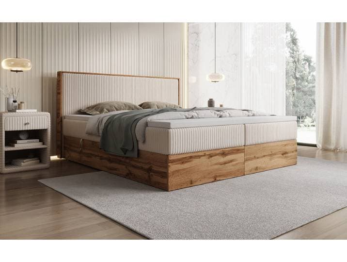 Boxspringbett Timber in Cord mit Stauraum - 140x200 - Sand - H3 (70-100kg) - Luxusbetten24
