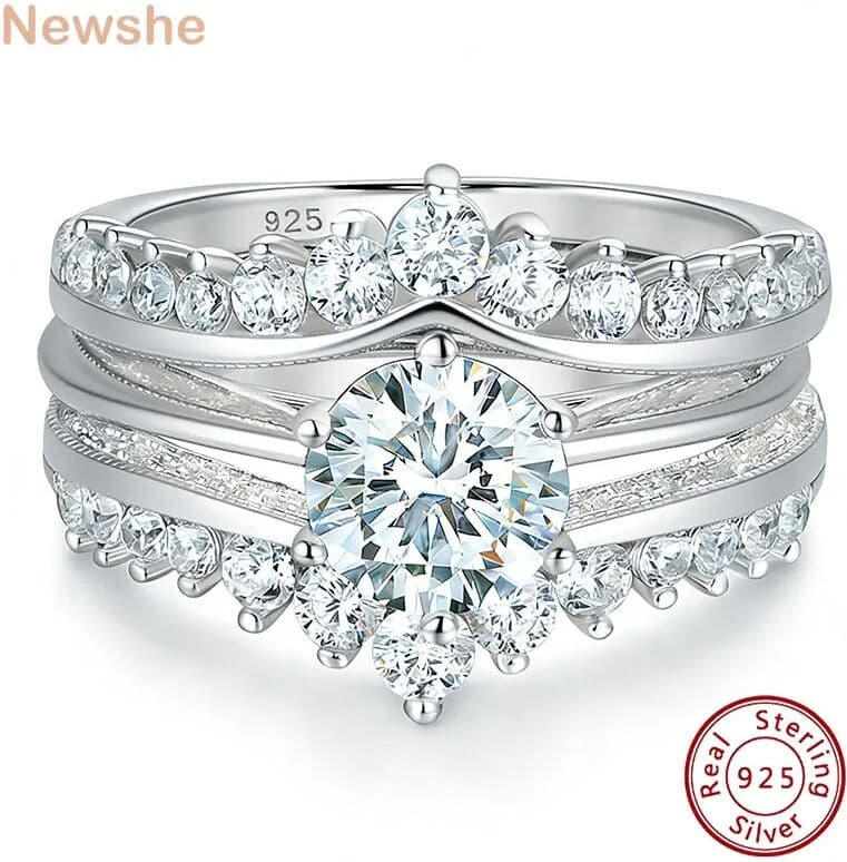 Newshe she Luxury Solid 925 Sterling Silver Wedding Engagement Rings for Women High Grade Cubic Zircon Guard Band BR1167