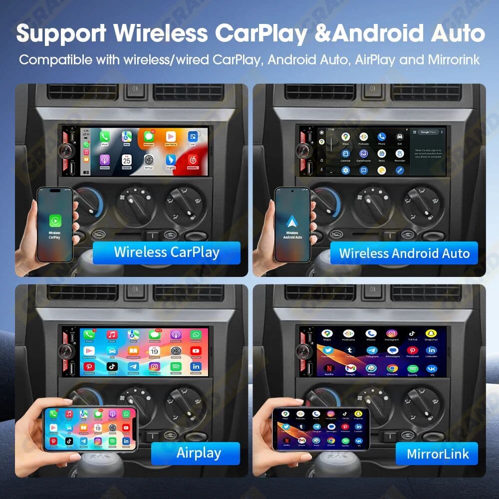 grandnavi 1Din 6.5 Inch IPS Screen MP5 Player Wireless Carplay Android Auto Airplay Car Radio Stereo Bluetooth FM Type-C PD3.0 Fast Charge
