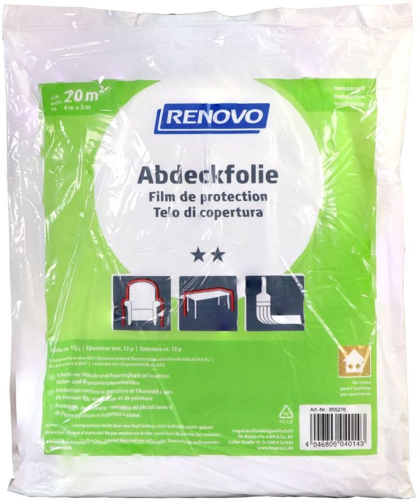 RENOVO Abdeckfolie, aus Kunststoff, Abdeckfläche: 20 m², 5 x 4 m x 12 µm