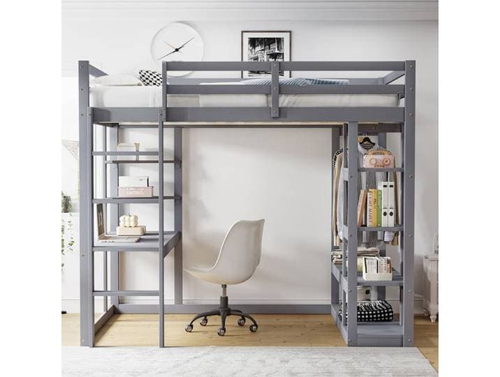 Lit mezzanine Bois massif 140x200 cm table étagères rangement stratifié lit double gris