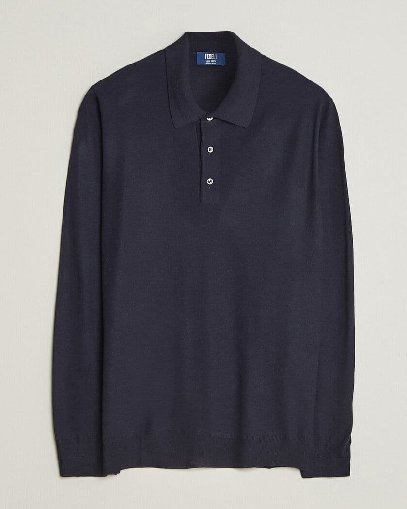 Fedeli 140s Fine Wool Long Sleeve Polo Navy men 50 Blå