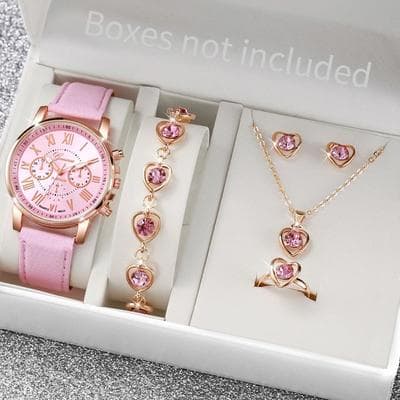 Uplifted Finds Women Luxury Watch And Jewelry Set Roma Dial Leather Band Quartz pink A No Box