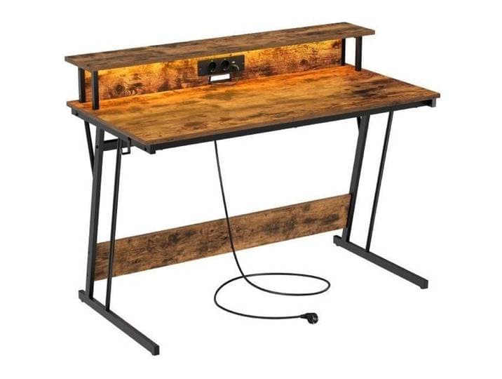 VASAGLE Burea avec LED et Multiprise Rehausseur Bureau avec Rehausseur d'Écran pour 2 Ordinateurs 60 x 120 x 76 cm Marron