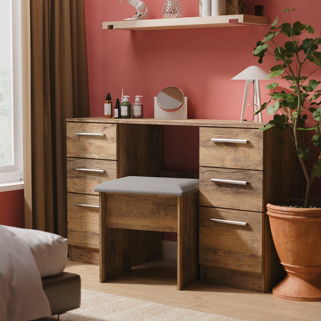 Latitude Run Bhaga 6 Drawer Kneehole Desk (Ready Assembled) Vintage Oak 85cm H X 130cm W X 44cm D