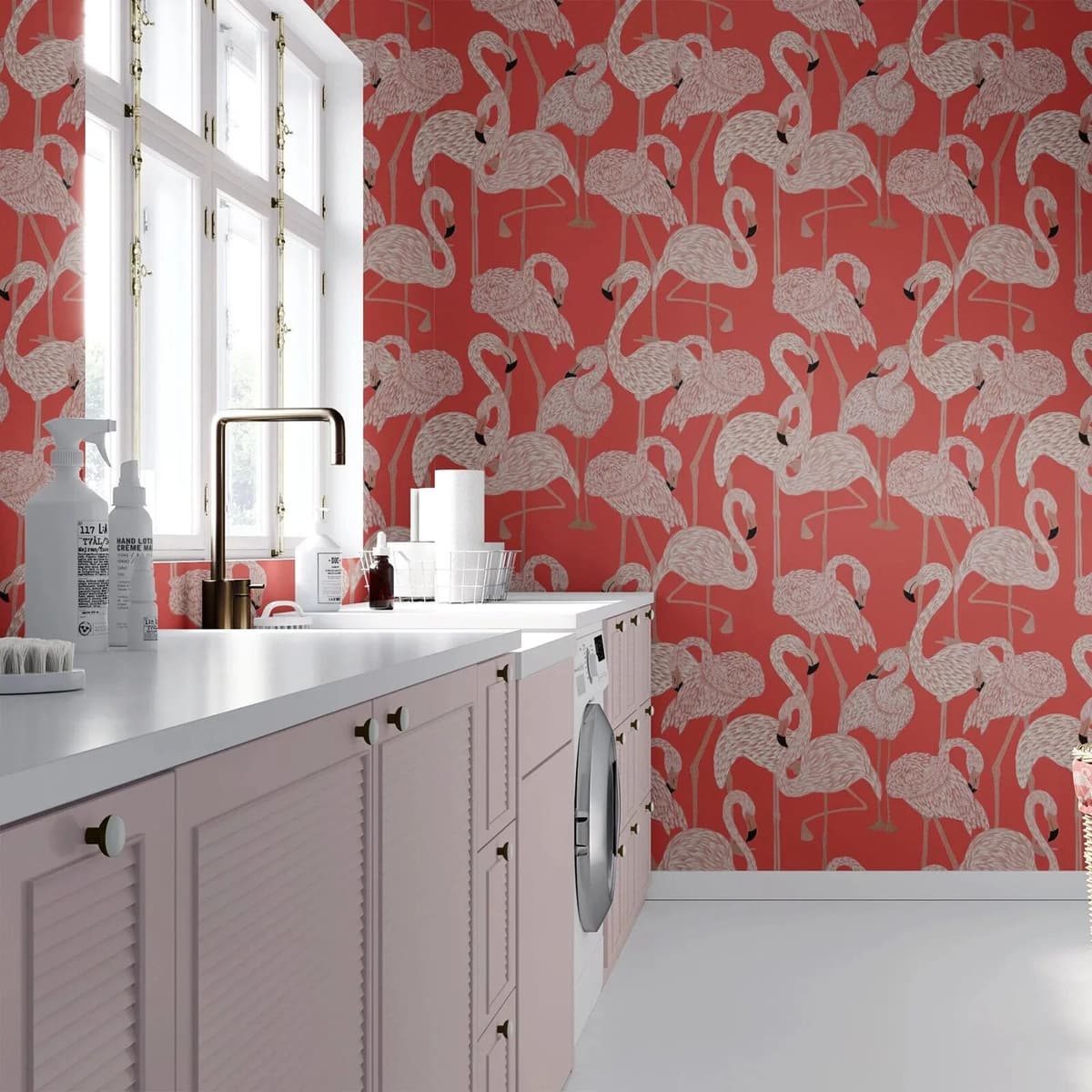 Pixel&Wall Tropical Pink Flamingo Peel and Stick Wallpaper, Animal Wallpaper For Nursery, Coastal Wallpaper in Pink, Renter Friendly Papers