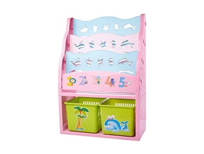 AZHKJKZH Büro-Aufbewahrungsregal Bücherregal Einfaches Zuhause Spielzeug Lagerregal Bücherregale Kunststoff Cartoon Bild Schlafzimmer Wohnzimmer(Pink 4Tiers,with 2 Baskets)