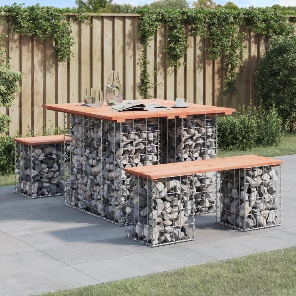 Gartentisch mit Gabionen und massiver Douglasienholzplatte, 100 x 102 x 72 cm, aus verzinktem, wetterfestem Stahl für Balkon, Terrasse, Wintergarten und Veranda