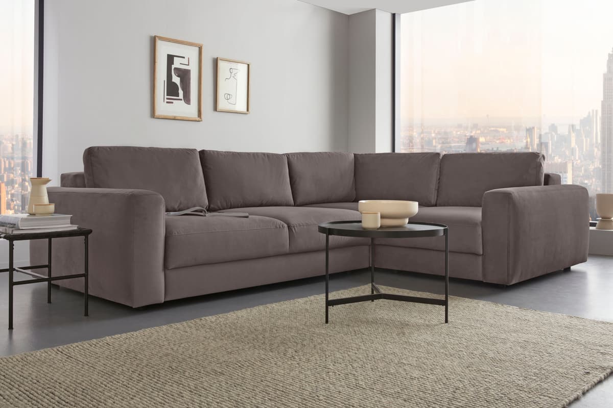 Ecksofa HOME AFFAIRE "Bloomfield, Mega Polsterecke, Breite 289cm, viel Platz, L-Form", grau (taupe), B:289cm H:84cm T:209cm, 100% Polyester, Sofas, Ecksofa, In verschiedenen Grössen taupe B/H/T: 289cm x 84cm x 209cm, Velours, langer Schenkel links, XL ohn