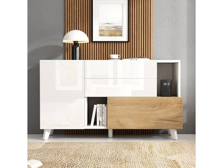 Buffet scandinave blanc et bois avec rangements multiples meuble de rangement pour salle à manger 130 cm