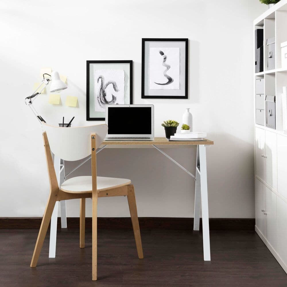 Mobili Rebecca Escritorio compacto de fibra de madera y acero beige y blanco