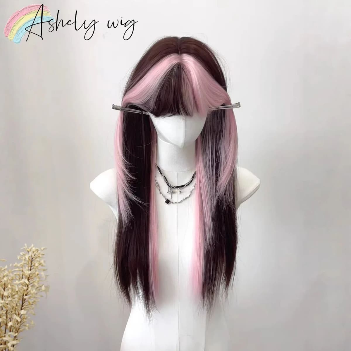 Ashely wigs Ombre Pink Brown Wig for Women Cute Lolita Hair Wig with Bangs High Temperature Fibers Synthetic Wigs Headband Wigs for Cosplay