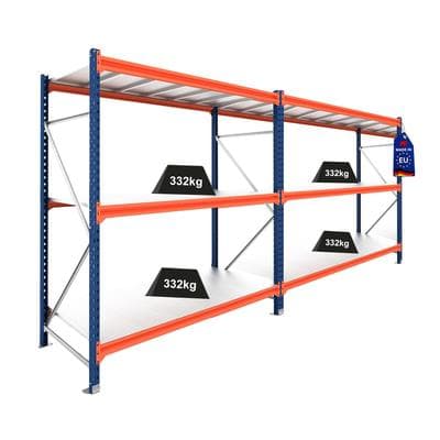 PROREGAL Weitspannregal Schwerlastregal Lagerregal DOMINUS Komplettregal 2 Felder HxBxT 200x480x60cm 3 Ebenen Stahlplatte Fachlast 332 kg Blau/Orange