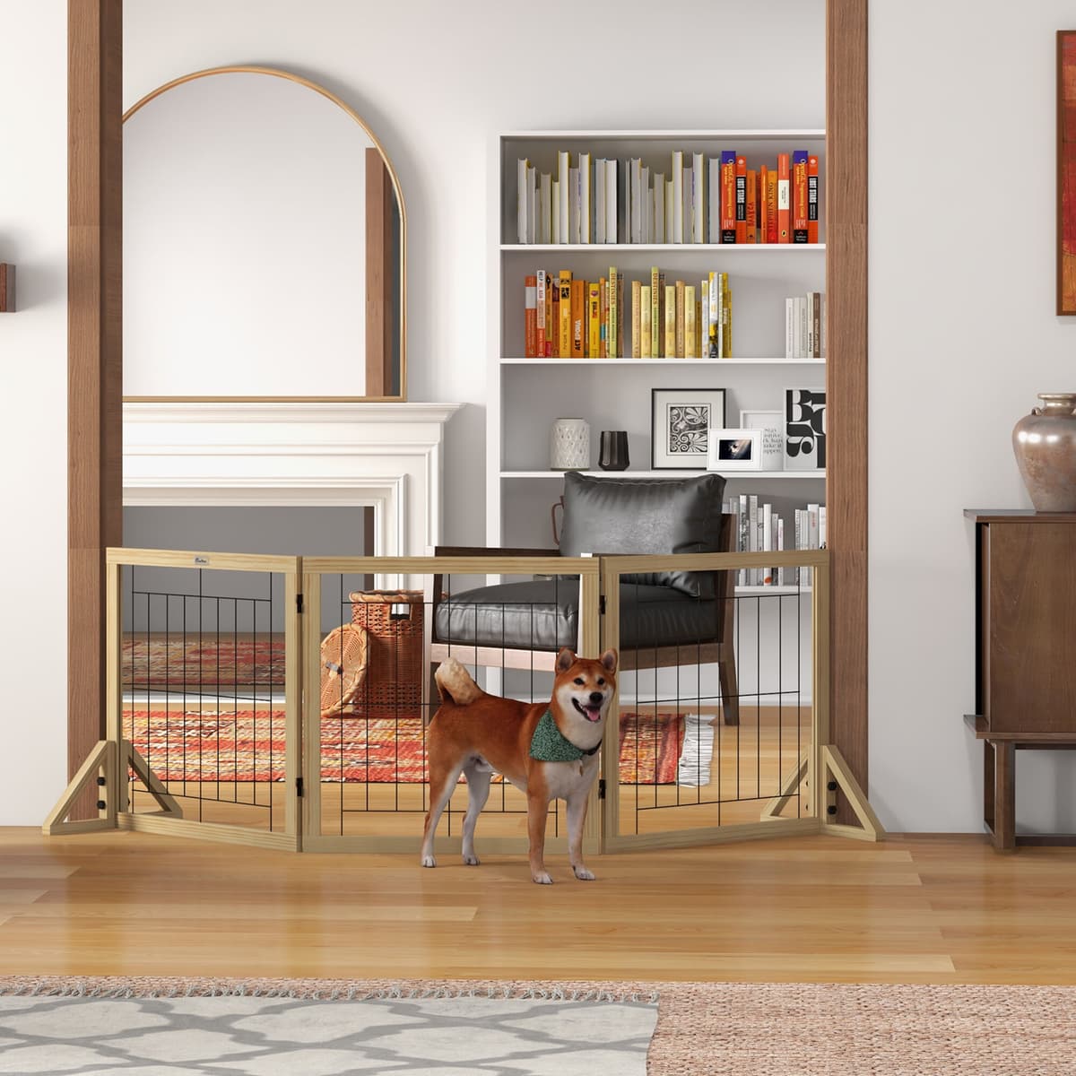 Altro Cancellino Per Cani Pieghevole Con 3 Pannelli E Piedini Triangolari, 210x70 Cm, Legno Naturale