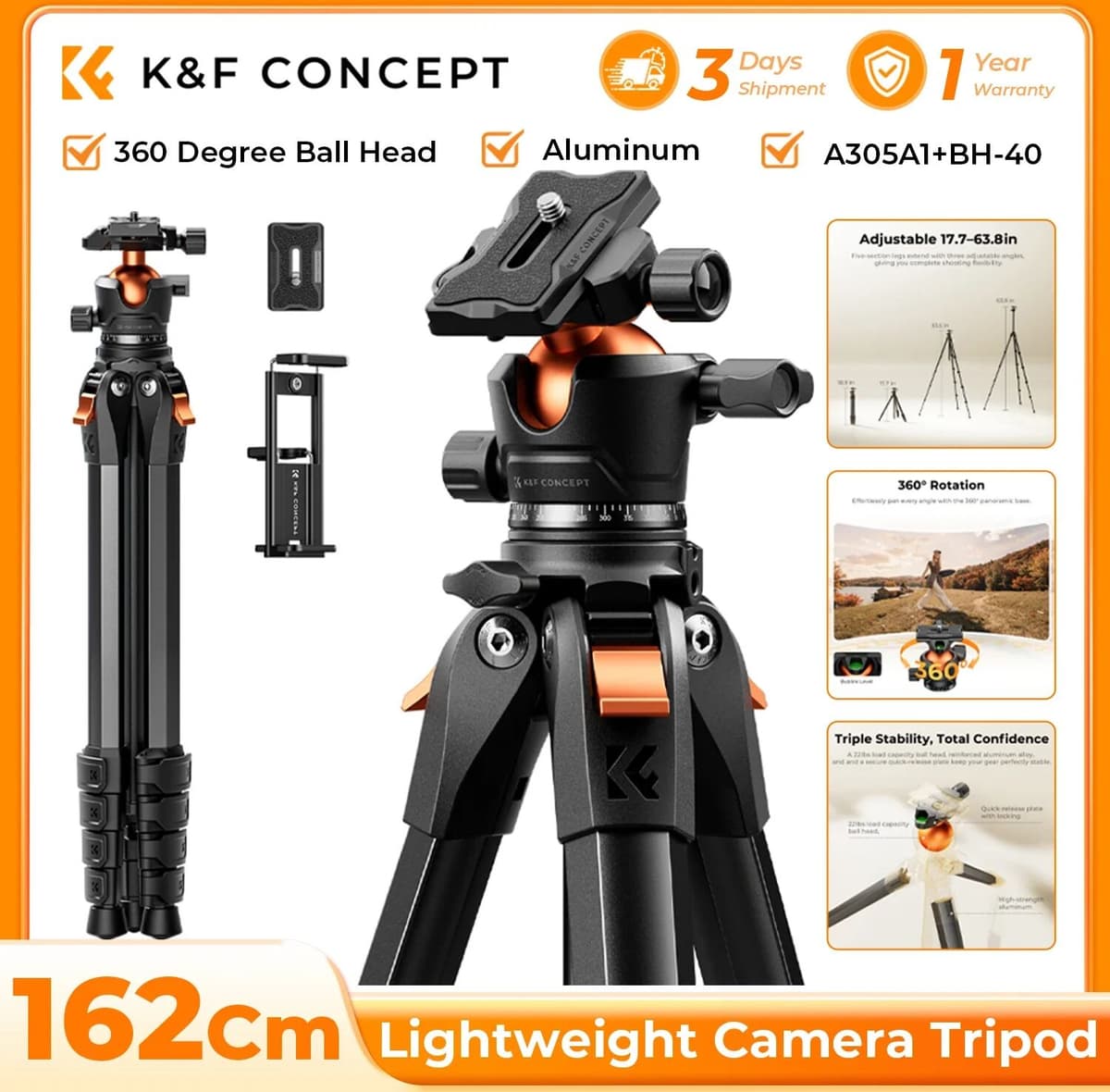 K&F CONCEPT Aluminum Camera Tripod with Arca-Compatible Ball Head 63