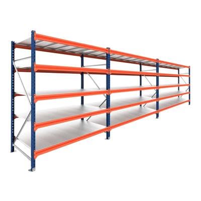 PROREGAL Weitspannregal Schwerlastregal Lagerregal DOMINUS Komplettregal 3 Felder HxBxT 300x720x60cm 5 Ebenen Stahlplatten Fachlast 332kg Blau/Orange