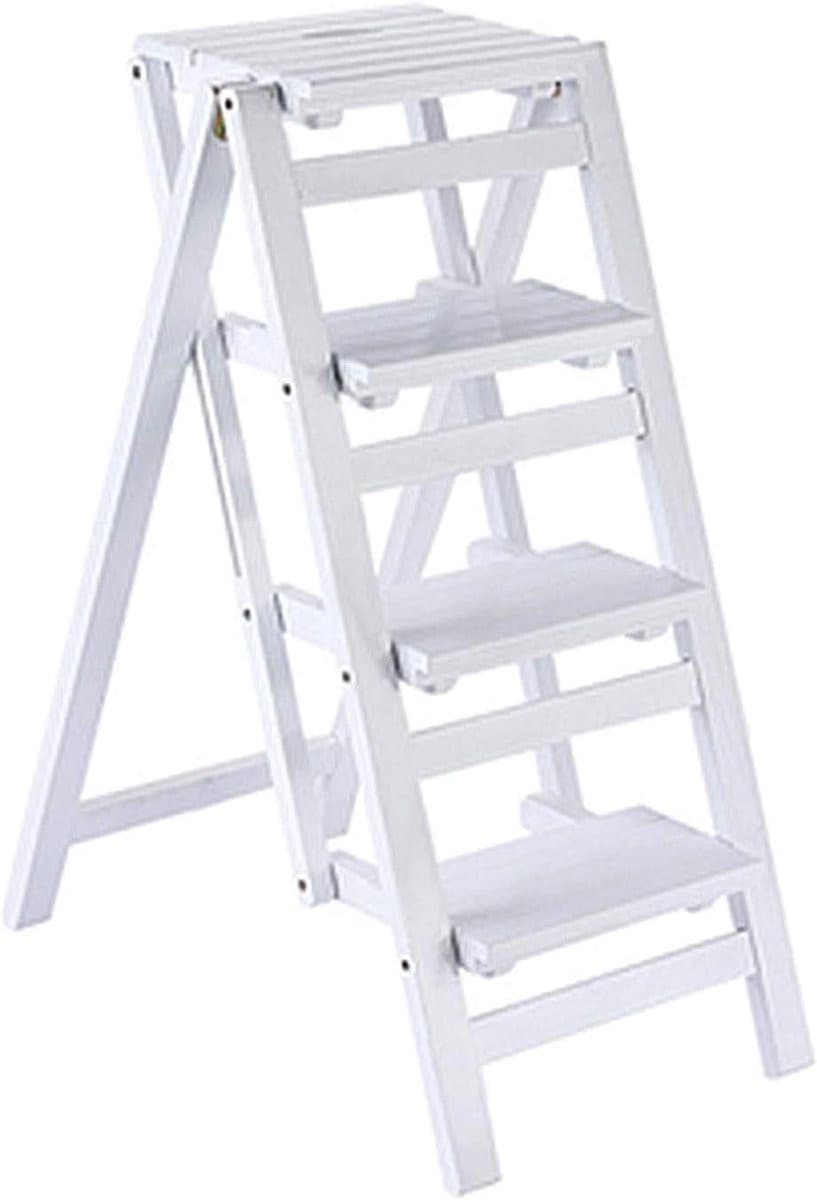 Opvouwbare houten trapladder met 4 treden in natuurlijk hout