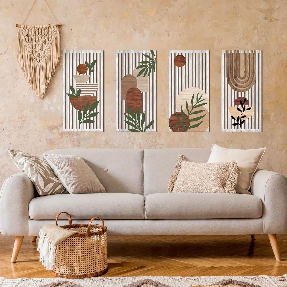 NONE 40cm Boho Style 4pcs 2D Flat Wooden Wall Art Abstract Geometry Sun Rainbow Pattern Suitable Living Room Bedroom Office Decoratio