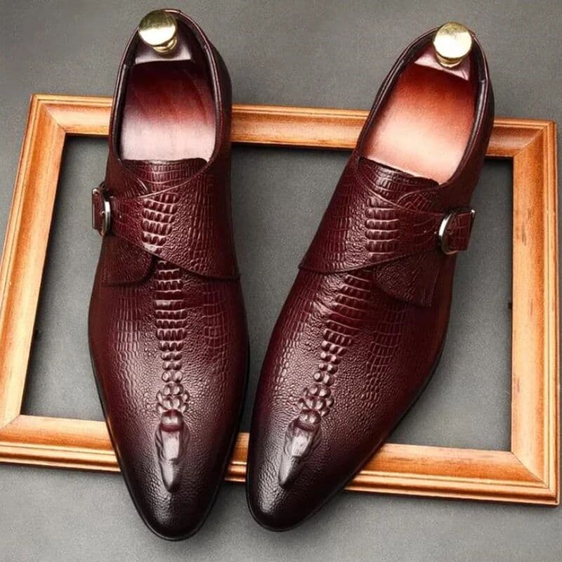 NONE Crocodile Pattern Business Formal Leather Shoes For Men British Style Pointed Toe Loafers Monk Strap Men Wedding Shoes