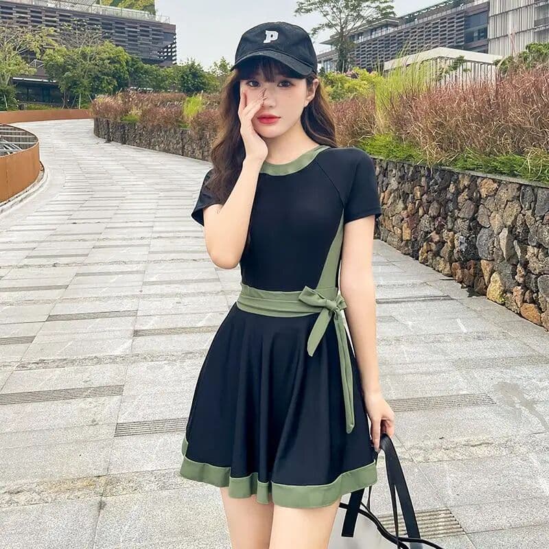 NONE Summer Swimsuit Dress for Women Fashion Two-piece Contrast Color Short Sleeve Skirted Swimwear With Safety Bottoms Bikinis Set