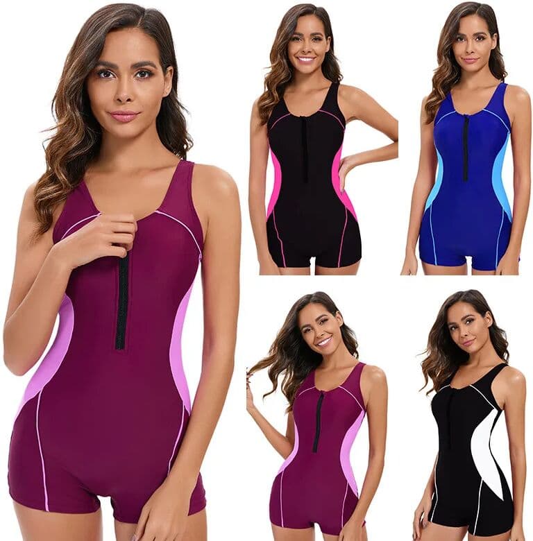 NONE Women's One Piece Boyleg Rash Guard Swimsuit Sleeveless Half Zipper Surfing Swimwear Modest Beach Swimming Bathing Suit