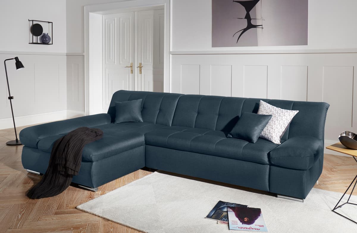 DOMO collection "MONA 297x173 cm, modern & komfortabel, optional mit Komfortfunktionen" whlw. mit Bettfunktion, L-Form dunkelblau B/H/T: 297cm x 80cm x 173cm, Struktur fein, Recamiere links, ohne Funktion