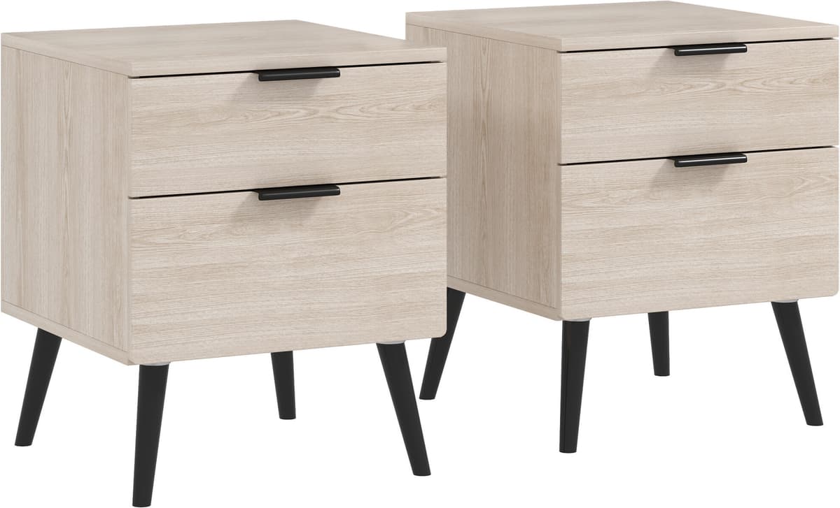 Altro Set 2 Comodini Stile Nordico Con Cassetto E Base Rialzata, In Legno, 40x40x50 Cm, Color Quercia