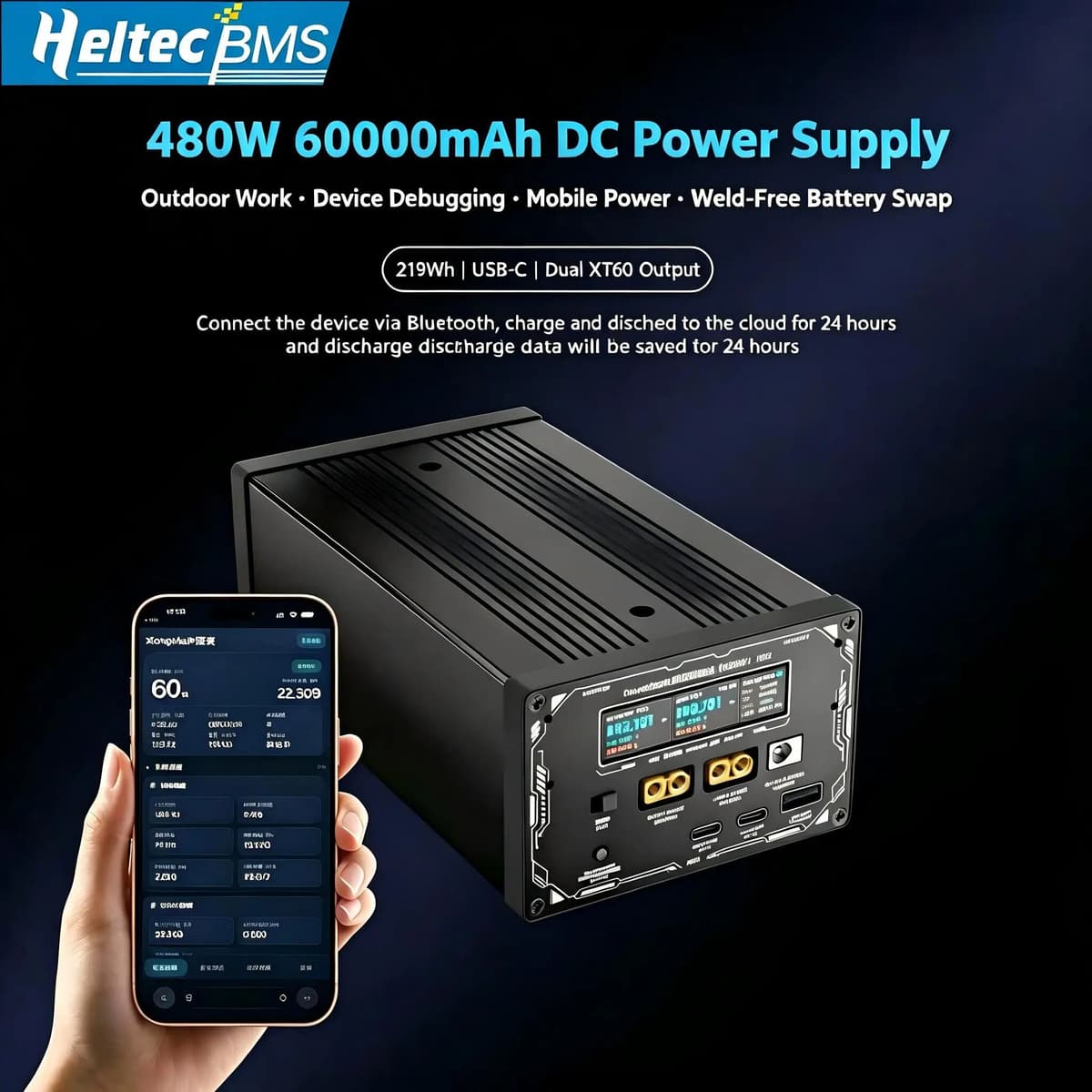 Heltecbms Heltec 480W 60000mAh 219Wh Portable DC Power Supply Replaceable Battery Dual XT60 USB‑C Output Outdoor Mobile Power Bank