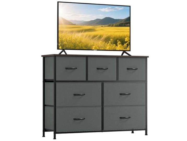 Somdot Kommode mit 7 Stoffschubladen, Schlafzimmer, Kohlegrau Komodenschrank, Stoffkommode, Großer Stauraum, Metrallrahmen, Holzwerkstoffoberplatte,Wohnzimmer, Flur, 30T x 100B x 77H