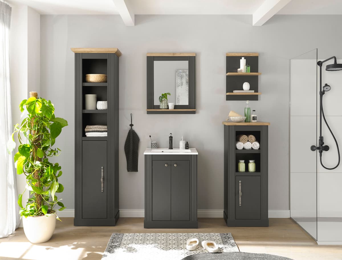 Badmöbel-Set GOODPRODUCT "WESTMINSTER, Bad im Landhausstil, 5-teiliges Badezimmer", grau (grau dunkel), B:200cm H:203cm T:46cm, Kastenmöbel-Sets, Badmöbel-Set, Waschtisch, Spiegel, Midischrank, Regal, Hochschrank, Breite 200 cm grau dunkel B/H/T: 200cmcm 