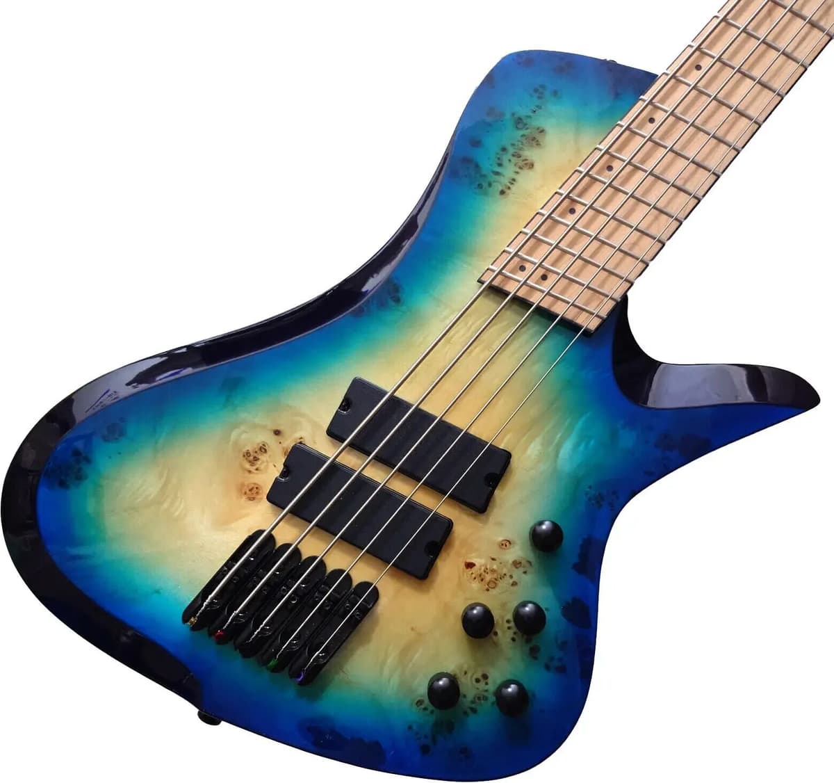 NONE Upgrade 5 String Electric Bass Guitar Fanned Fret Blue Burl Burst Quilt Maple Top Roasted Maple Neck