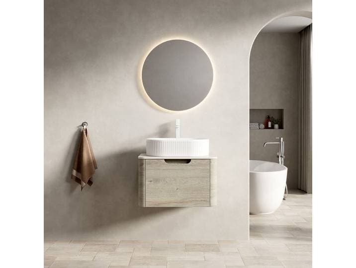 Meuble sous vasque suspendu 1 tiroir avec vasque ovale en céramique et plan travertin à suspendre salle de bain - UVRION