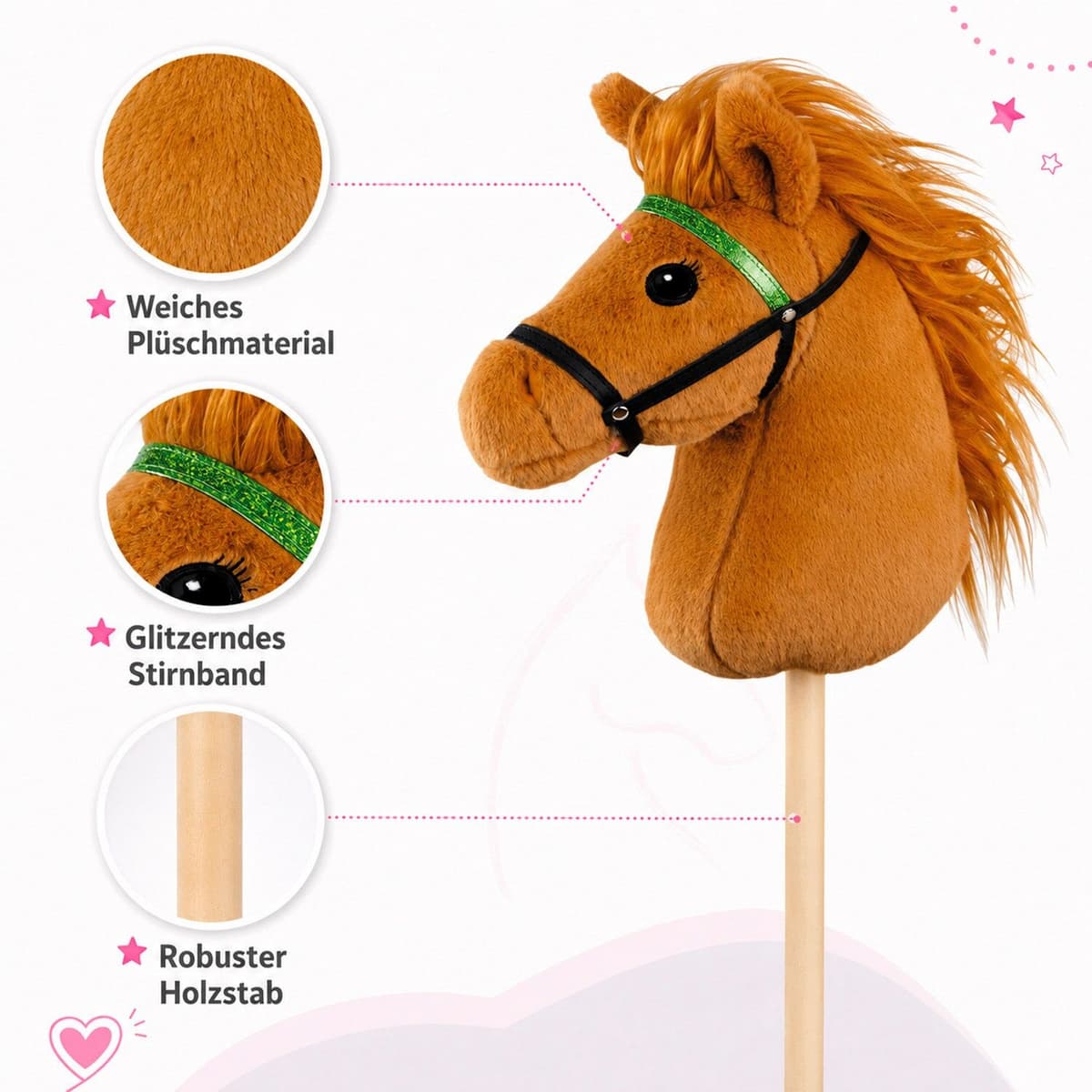 Steckenpferd LENA "Steckenpferd Hobby Horsing, 70cm", rot (rotbraun), Steckenpferde, KinderL:70cm, Holz, Polyester, Steckenpferd, L:70cm