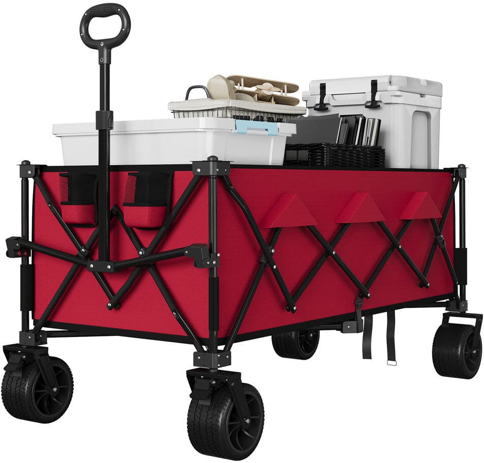 ZACOO 132cm Extra Long Foldable Utility Wagon, 208kg Heavy-Duty Collapsible Cart with All-Terrain 360° Wheels, 1.2mm Iron Frame & Large Capacity for Beach C Red/Black 106.7cm H X 73.7cm W X 137.2cm D