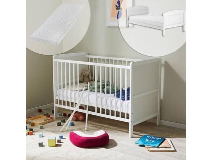 Kids Collective Babybett mitwachsend mit Matratze Kinderbett Gitterbett Beistellbett 60x120 Rausfallschutz Baby Kleinkind Kinder Bett komplett Set höhenverstellbar & herausnehmbare Sprossen Holz, weiß