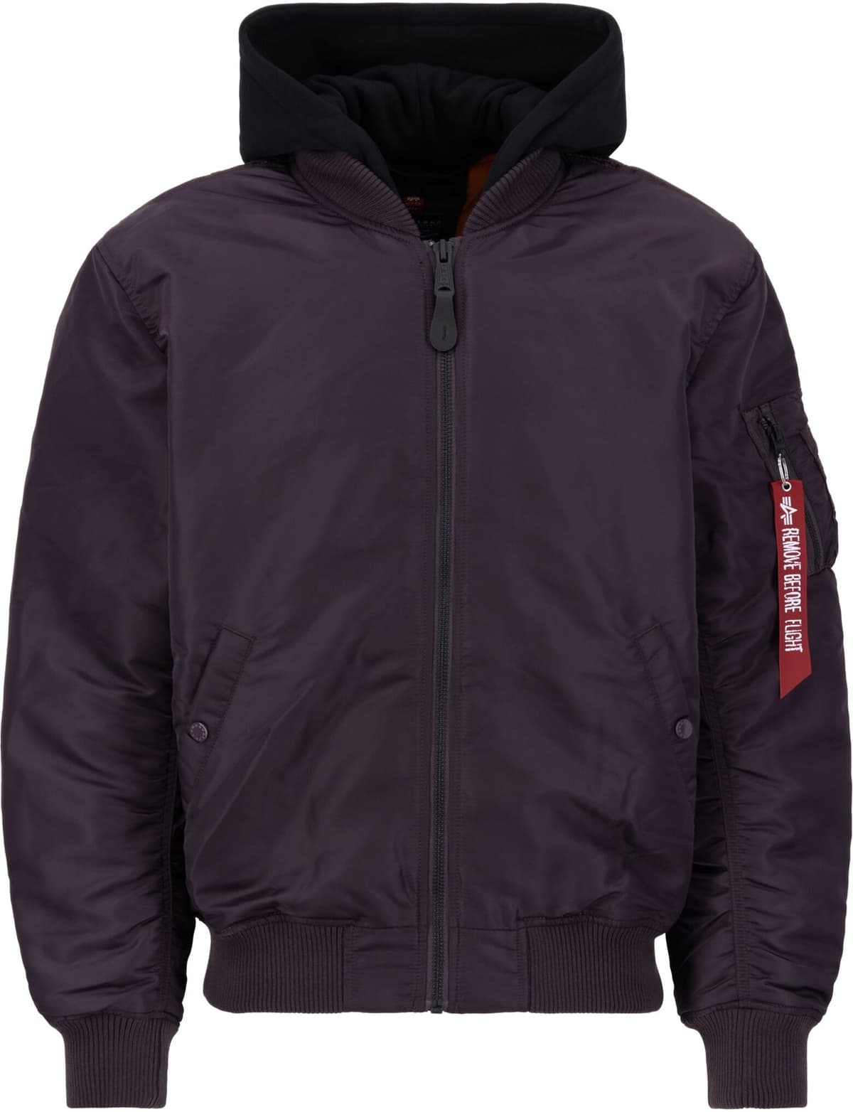 Bomberjacke ALPHA INDUSTRIES "MA-1 Zip Hood Back EMB", Herren, Gr. S, lila (plum), Obermaterial: 100% Nylon, Futter: 100% Nylon, Kapuze: 75% Baumwolle, 25% Polyester, Füllung: 100% Polyester, Jacken Bomberjacke plum S