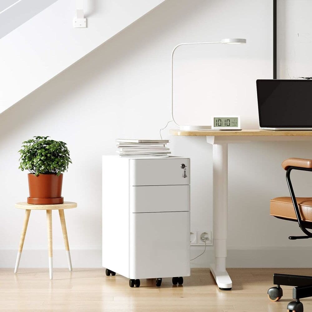 SONGMICS Archivador móvil con ruedas y cerradura de color blanco