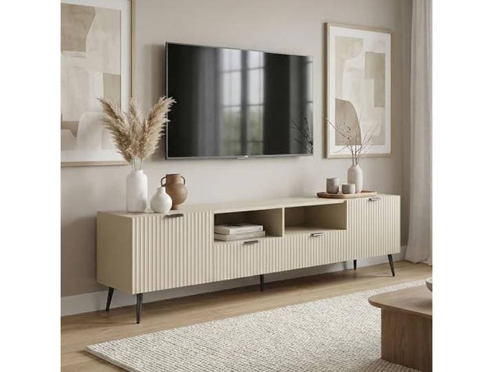 [en.casa] TV Schrank Nand Lowboard mit 2 Türen geriffelt Fernsehschrank mit 2 Schubladen 180 x 40 x 51 cm Sideboard Kommode Fernsehtisch Sandfarben