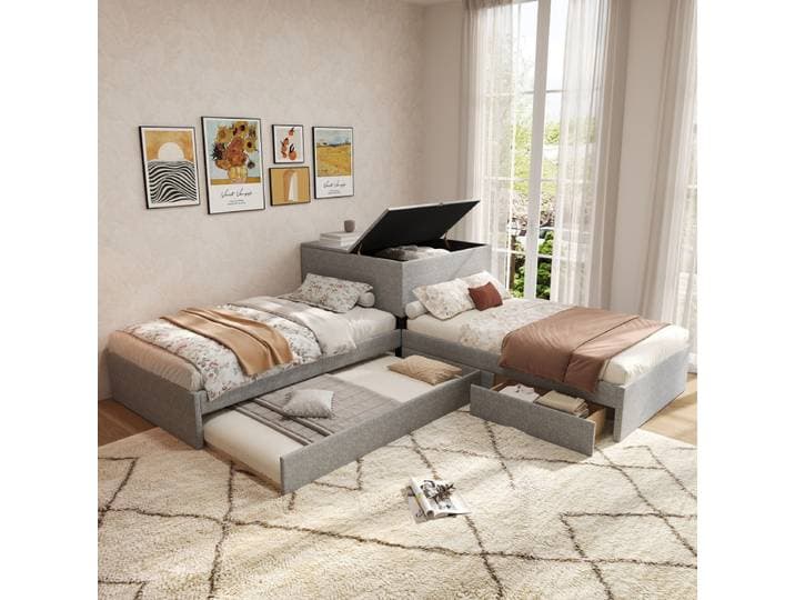 Lit d'angle, deux lits simples avec lit gigogne, lit rembourré, lit fonctionnel avec rangement, avec armoire de rangement, avec tiroir de rangement, avec lit gigogne, 90x200 cm, sans matelas, linge de