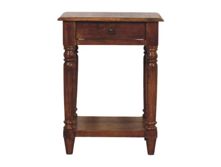 Artisan Furniture Beistelltisch Rich-Kastanien-Finish, 1 Schublade, 1 großes Regal, Braun, Dunkelbraun, Holz, Echtholz,Mangoholz, Quadratisch, 35x60x45 cm, Wohnzimmer, Wohnzimmertische, Beistelltisch