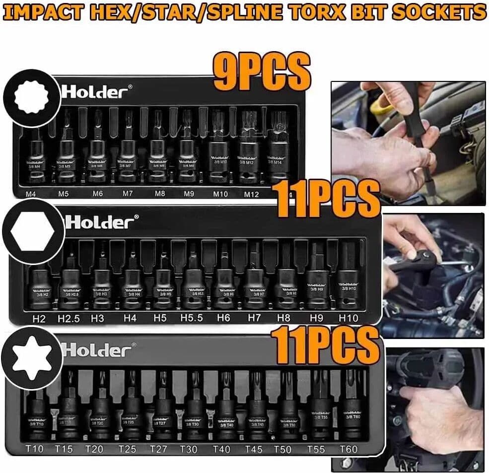 WinHolder 31Pcs Impact Hex Torx Star Spline Bit Sockets Set 3/8