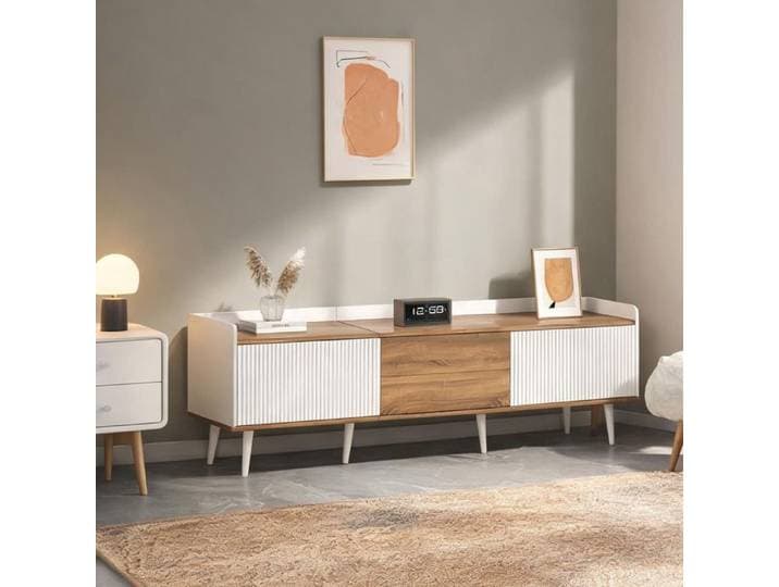 Meuble TV trois portes 160 cm design contemporain blanc et bois naturel