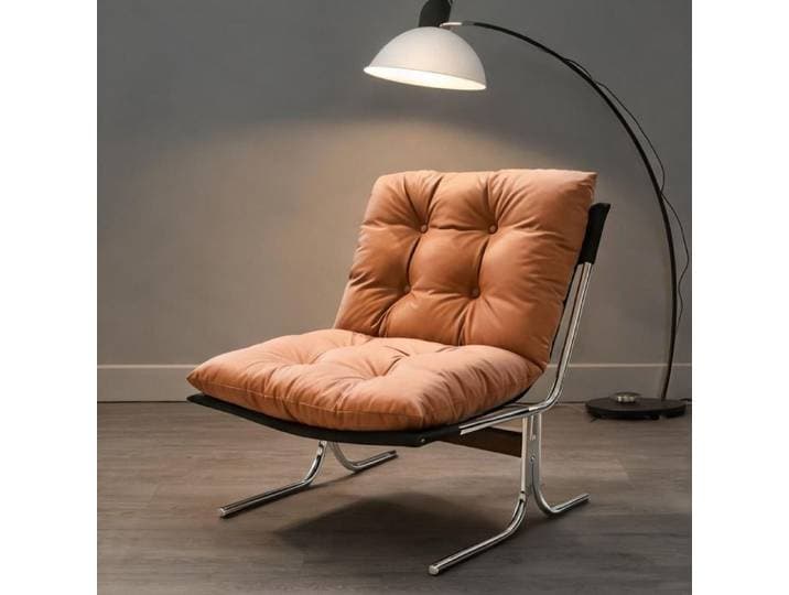 Fauteuil style Barcelona en simili cuir marron avec housse amovible et pieds en métal chromé