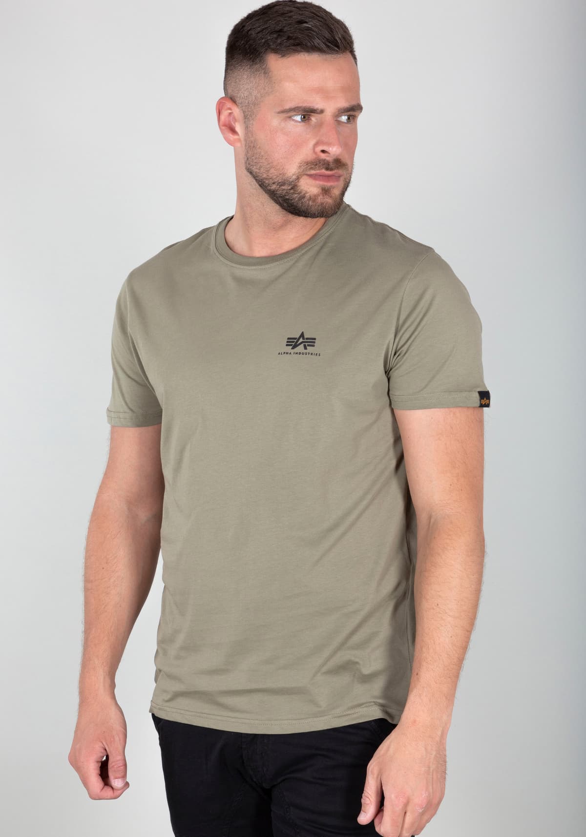 Rundhalsshirt ALPHA INDUSTRIES "BASIC T SMALL LOGO", Herren, Gr. XL, grün (olive), Single Jersey, Obermaterial: 100% Baumwolle, bedruckt, schmal normal, Rundhals, gerader Abschluss, Shirts Rundhalsshirt, Baumwolle, regular fit olive XL