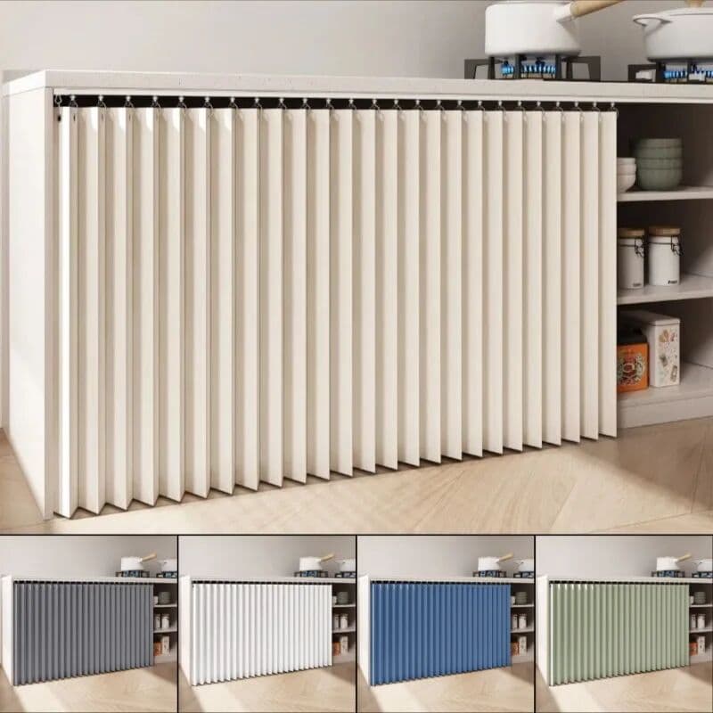 NONE Sliding Rail Cabinet Curtain Dustproof Kitchen Short Curtain for Open Shelves Japanese Style Hiding Curtain for Storage Rack