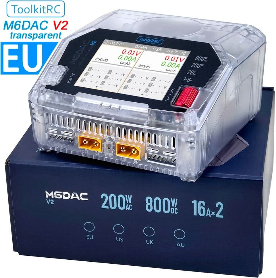 ToolkitRC M6DAC V2 TRN Charger 2CH AC200W Transparent Color DC800W IPS Model Toy Car Lithium Battery Charging 1S 2-6S LiPo LiHv