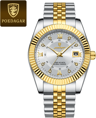 Youfap Market Waterproof Luxury Men's Quartz Watch, Military Date Wristwatch, Stainless Steel Fashion Watch gold White