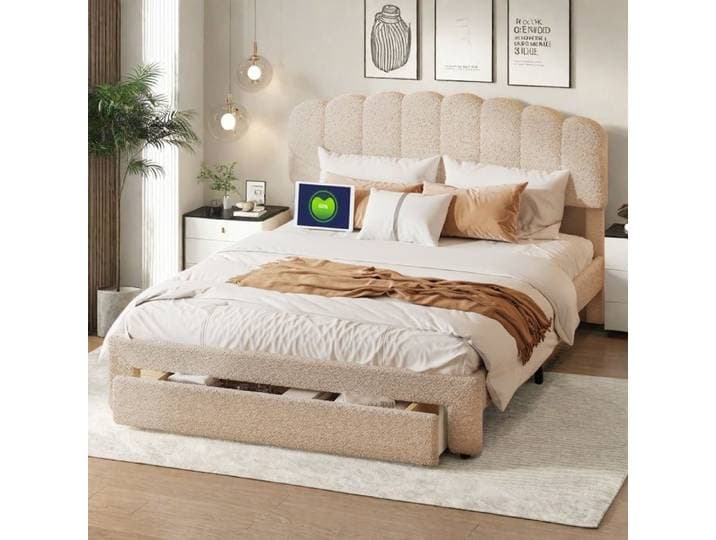 Lit double - lit adulte 140x200 cm en beige - lit rembourré avec 1 tiroir - lit 140x200 cm - sommier à lattes - tissu