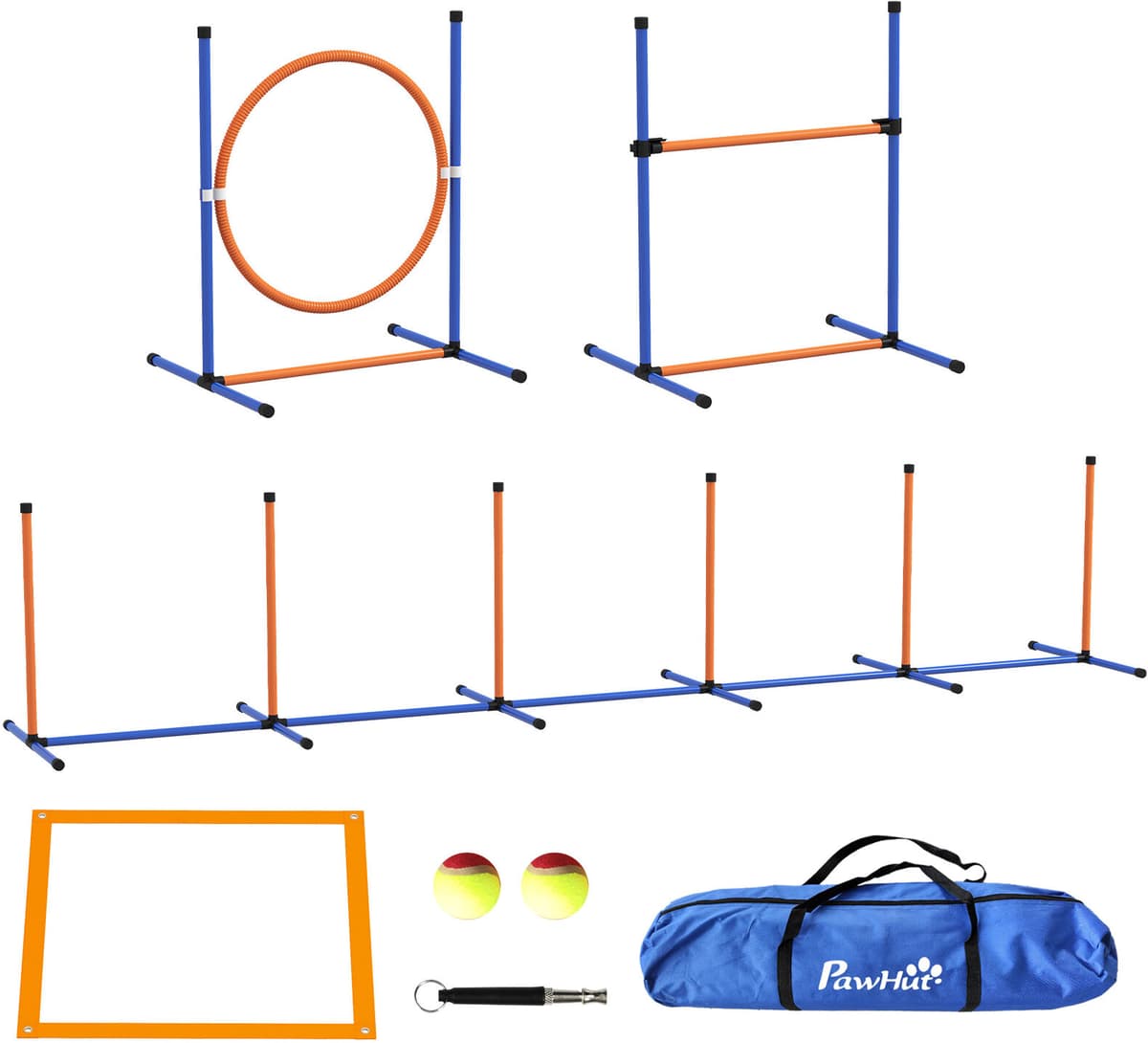Altro Set Agility Dog Con Anello E Barra Per Salto, Paletti Slalom, Fischietto, Palline E Borsa, Arancione