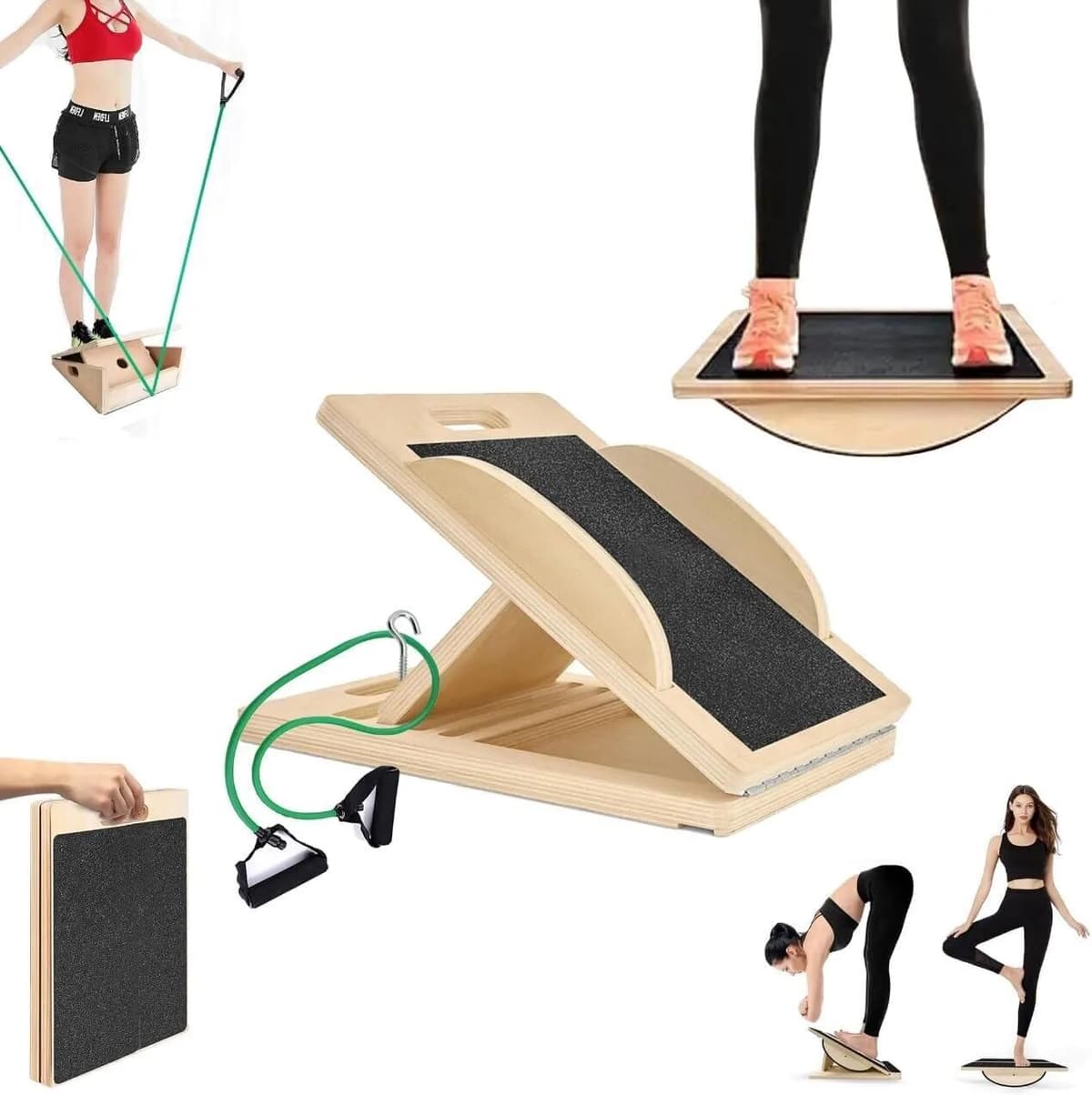 NONE 3-in-1 Portable Wooden Slant Board, Balance Board & Resistance Band Calf Stretch